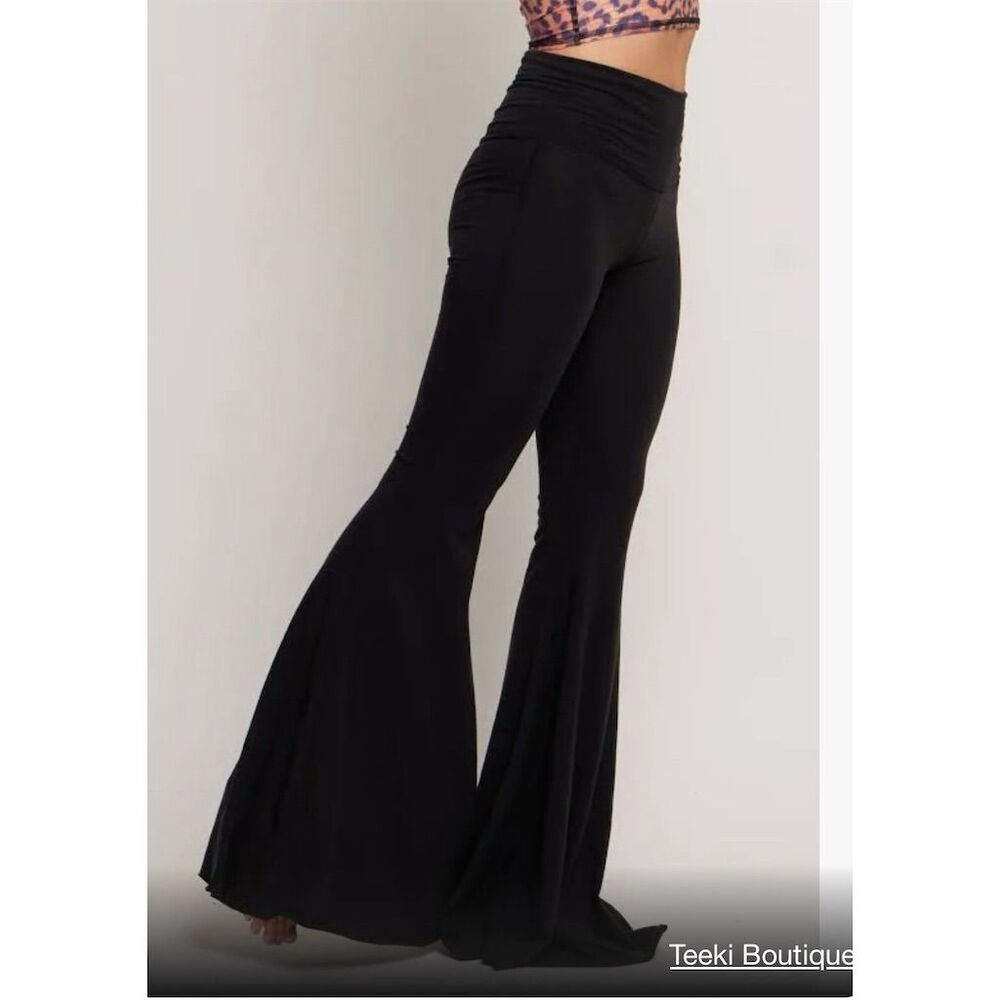 Teeki Women's Black Bell Bottom Pants High Waist Flared Legs Size M